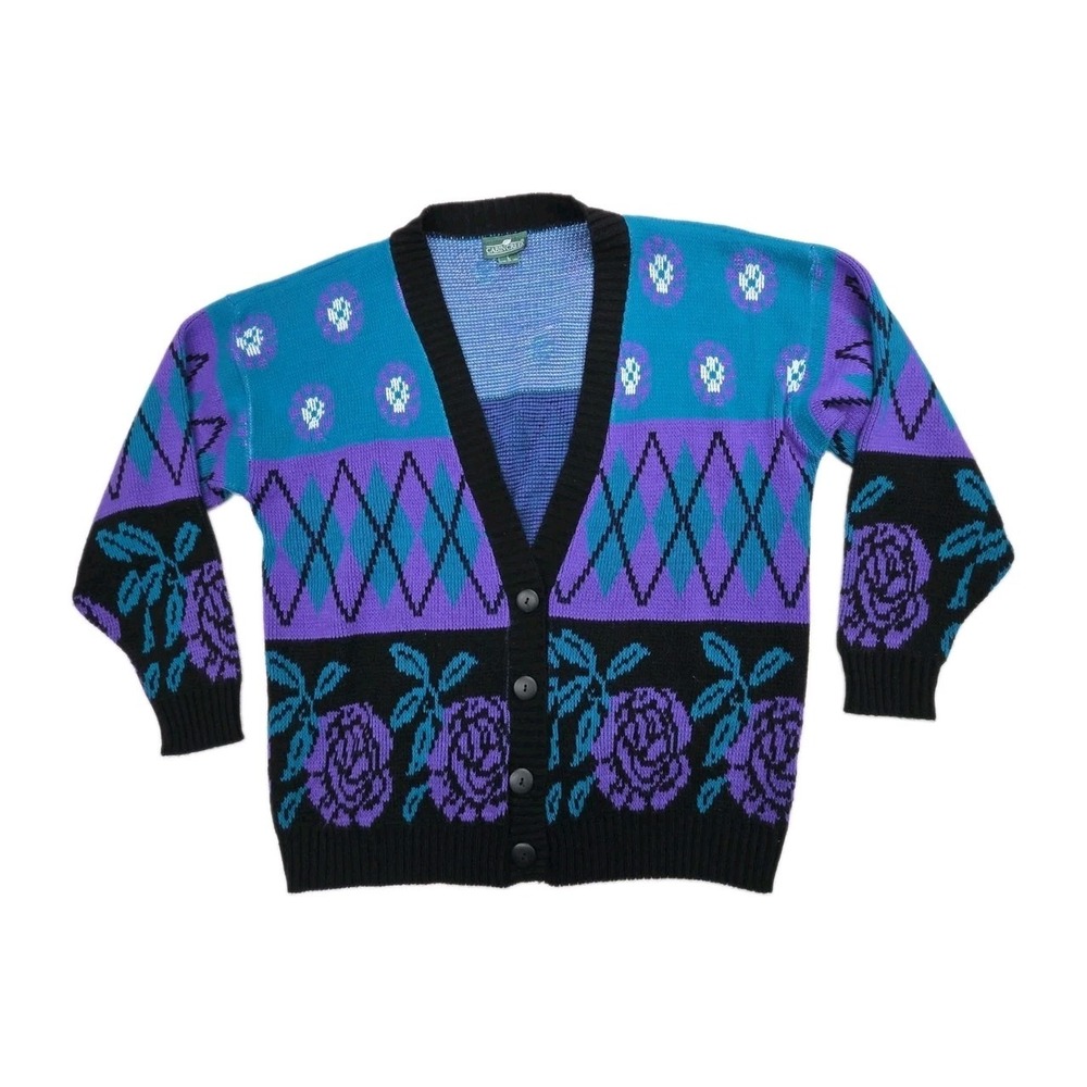 Vtg 1980s Cabin Creek Cardigan Sweater Purple Floral Argyle Snowflake Size L
